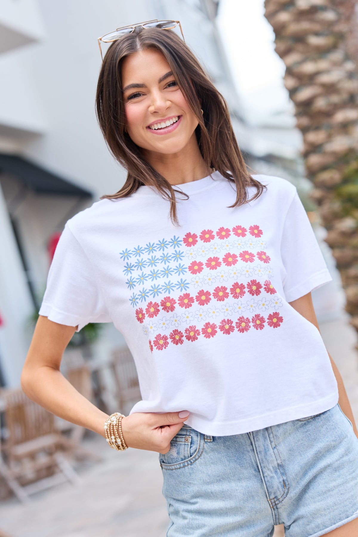 Multi Floral Flag White Boxy Graphic Tee