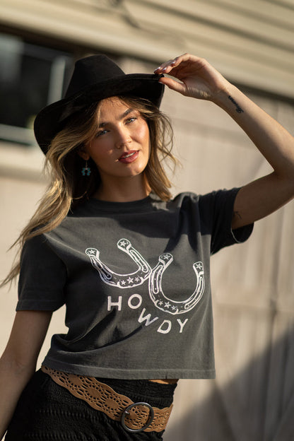 Howdy Horseshoes Dark Grey Boxy Graphic Tee