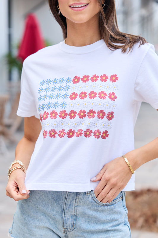 Multi Floral Flag White Boxy Graphic Tee
