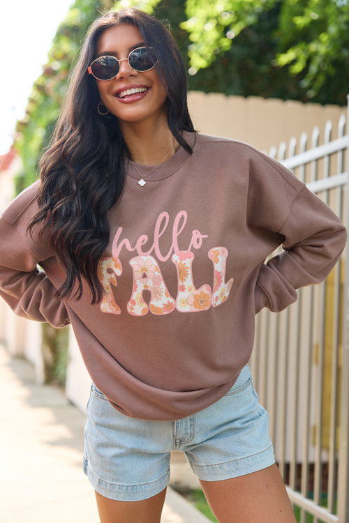 Hello Fall Floral Mocha Graphic Sweatshirt