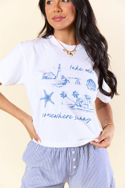 Take Me Somewhere Sunny White Boxy Graphic Tee